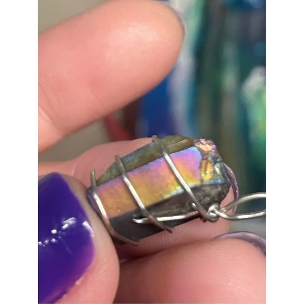 Handmade Small Rainbow Titanium Aura Stone Pendant Wrapped in Silver Wire